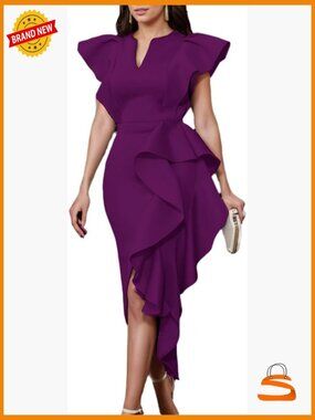 Flutter Sleeve V-Neck Ruffle Hem Bodycon Midi Dress with High Split